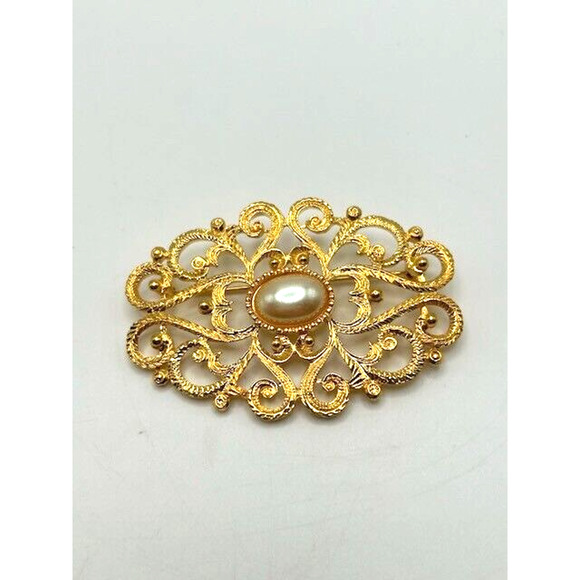Vintage Scrolled Gold Tone Brooch with Faux Pearl Oval Brooch Pin - Picture 1 of 12